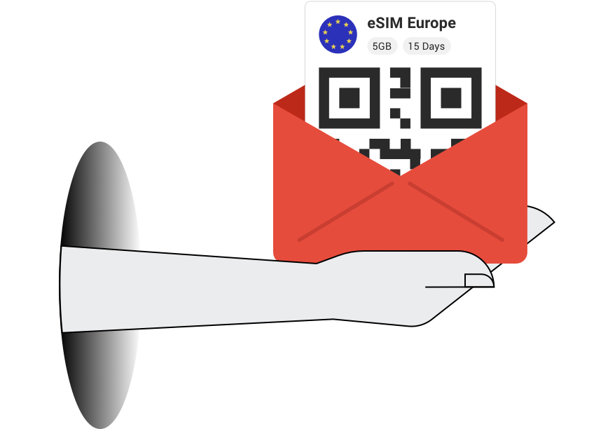 One hand holding a mail envelope with an eSIM profile inside